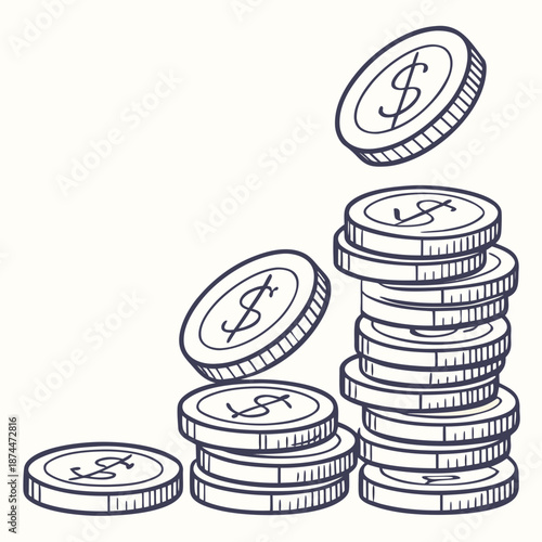 Stacked coins with dollar sign on white background