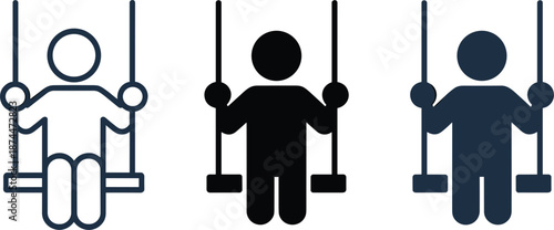 Icon Set of a Person on a Swing in Outline and Solid Styles Keywords: icon, swing, person, child, playing, playground