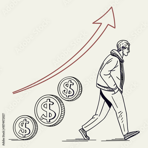 Man walking with rising arrow and dollar coins finance
