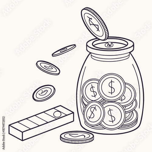 Saving habit concept with coins in glass jar and gold bar