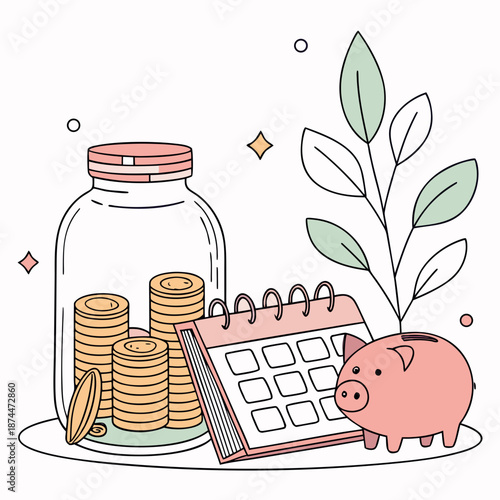 Pink piggy bank with calendar coins and plant growing from it