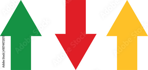 Green yellow arrow pointing up and red arrow pointing down isolated on white background
