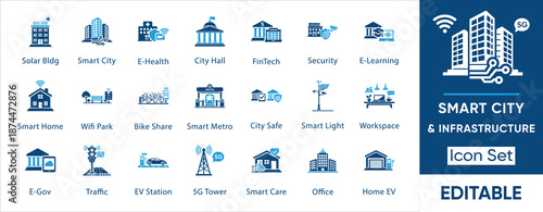 Smart City and Urban Infrastructure Icon Set. Vector Glyph Icons for Future Technology, Green Energy and IoT Connectivity.