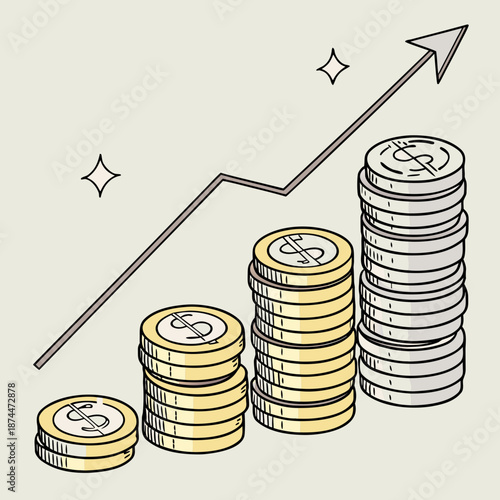 Stacks of gold and silver coins with rising arrow graph