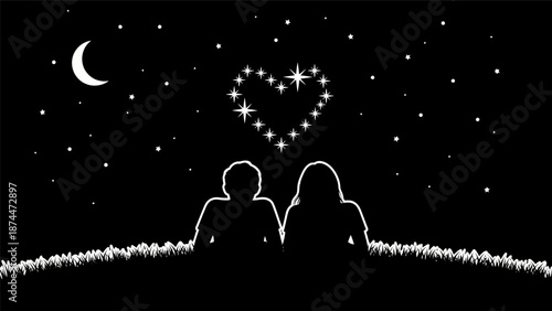 Romantic Couple Silhouettes Under Starry Night Sky with Heart.