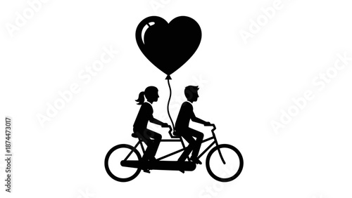 Couple riding tandem bicycle with heart balloon silhouette.