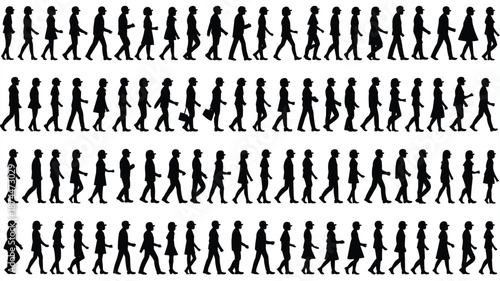 Large collection of walking human silhouettes in rows with diverse attire and poses people moving
