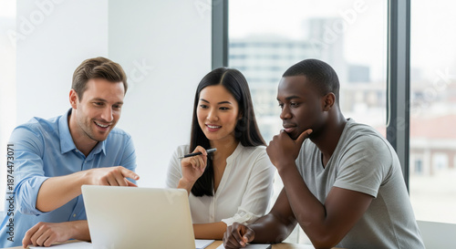 Three coworkers sitting together in a modern office, discussing documents and smiling while looking at a laptop. Bright natural light, casual professional clothing, teamwork