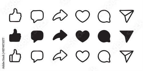 Like, comment, and share icon in line design. Love, Thumbs up, speech bubble, and arrow repost Editable stroke, Solid & outline sign symbol for social media.