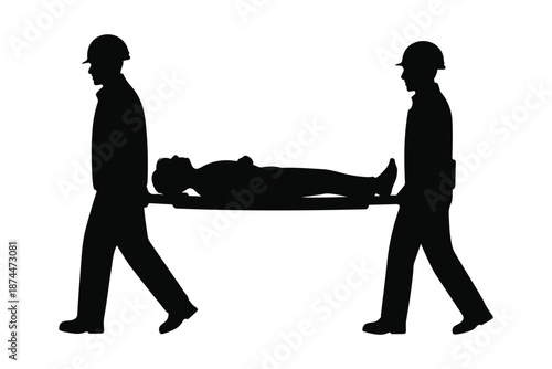 Emergency rescue team carrying patient on stretcher silhouette.