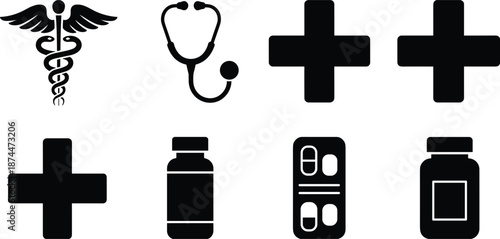 Medical Icons Including Caduceus, Stethoscope, Crosses, Pills, and Bottles vector illustration