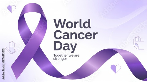 World cancer day poster with purple ribbon symbolizing strength unity and cancer awareness advocacy