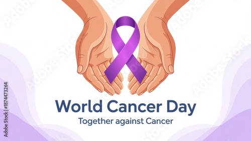 World cancer day awareness illustration with caring hands holding purple ribbon symbol of support and hope