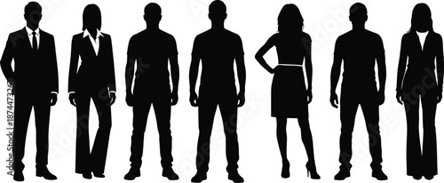 Vector silhouette collection of professional business people and casual men and women standing in a row isolated on white background for corporate graphic design