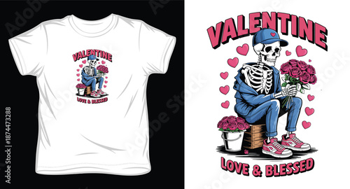 Street style skeleton sitting on crate with roses for valentine day t-shirt vector illustration with romantic elements