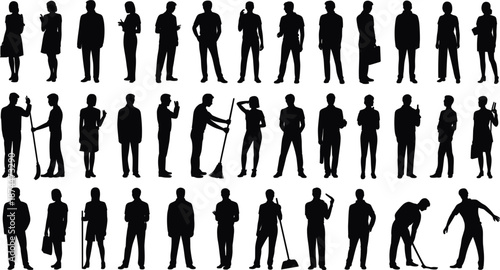 Multiple rows of diverse human silhouettes in various poses and activities people woman
