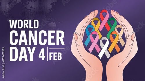 World cancer day illustration with hands protecting multicolor cancer awareness ribbons global health concept