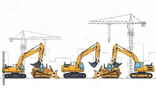 Heavy construction machinery lined up against a cityscape background with cranes, featuring various excavators.