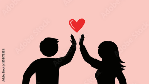 Silhouettes of a man and woman giving high five with a heart above.
