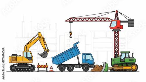 Flat illustration of heavy construction machinery including an excavator, dump truck, crane, and bulldozer against a clean white background with a faint cityscape silhouette.