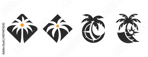 Palm Tree Silhouette with Sun on White Background tropical