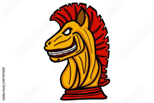 A gold and red knight chess piece with a proud, confident smile, heroic expression, clean background