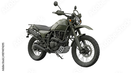Green motorcycle, with rugged tires and dual sport design, cutout, PNG isolated on white or transparent background