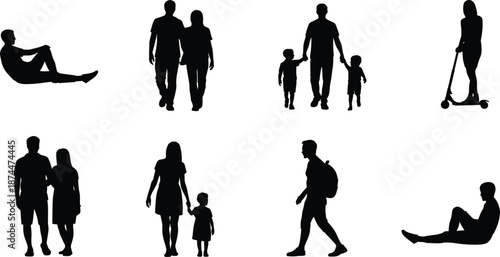 Silhouettes of Families and Individuals Enjoying Leisure and Outdoor Activities family couple