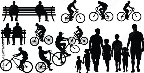 Silhouettes of People Cycling and Sitting on Benches with a Family Walking bicycle