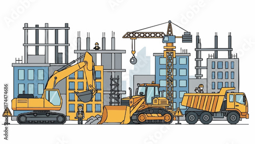 Illustration of heavy construction machinery including an excavator, bulldozer, and dump truck on a city construction site with buildings.