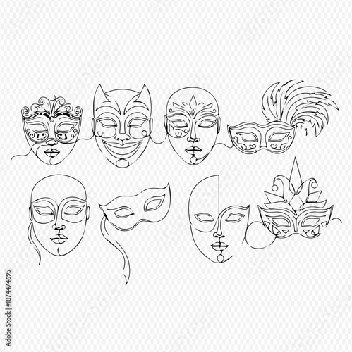 Set of eight different continuous line art Venetian carnival masks, hand drawn vector illustration.
