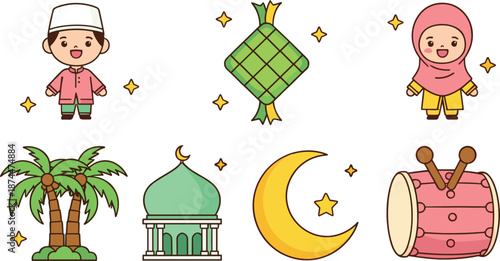 Cute Islamic Ramadan illustration set with mosque ketupat moon drum palm tree and children vector