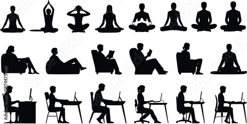 Silhouettes of People Meditating, Reading, and Working on Laptops person yoga