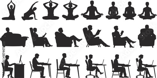 Silhouettes of People Practicing Yoga, Reading in Chairs, and Working on Laptops meditation sitting