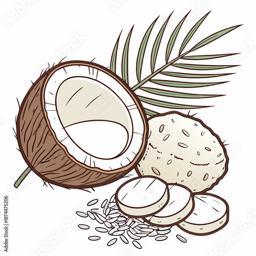 Coconut shavings and rice cakes with coconut and leaf