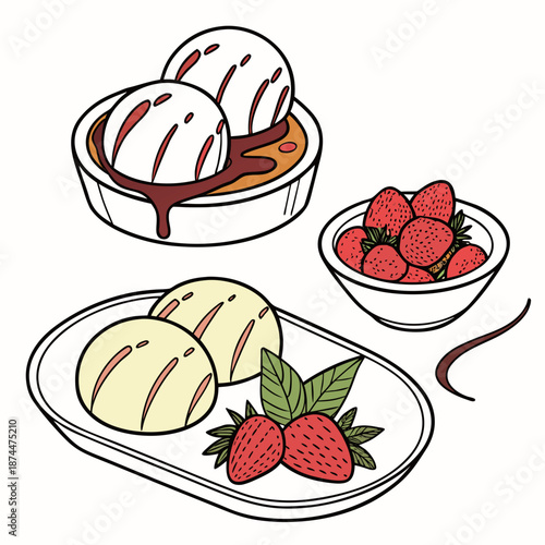 Minimal dessert layout with ice cream and strawberries