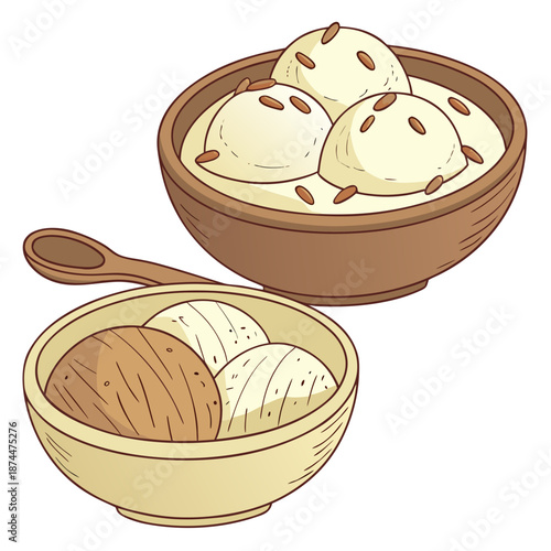 Mixed milk and coconut desserts in clay bowls mixed desserts