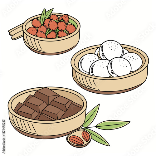 Hand prepared rural sweets in wooden bowls traditional sweets