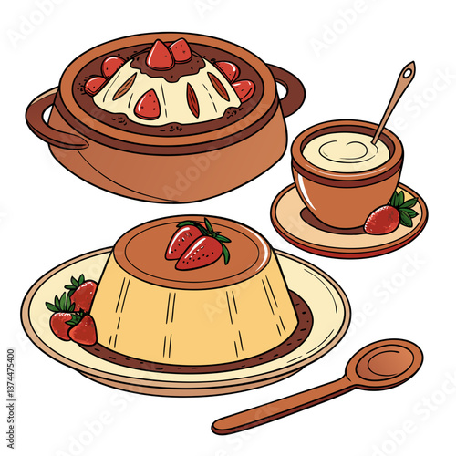 Traditional rural dessert presentation with clay utensils and strawberries