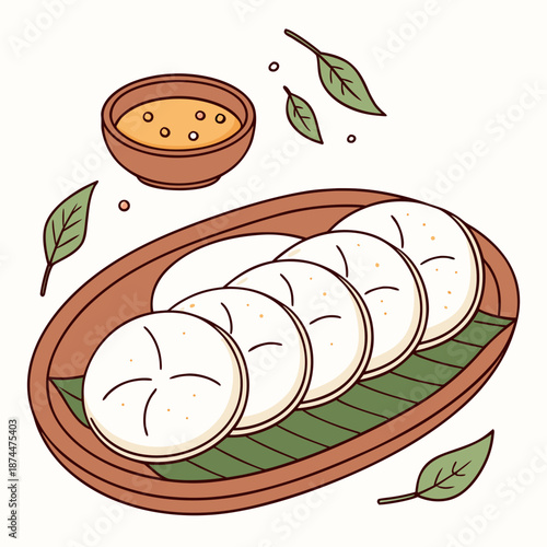 Traditional flat rice cakes on clay platter with green leaf and sauce