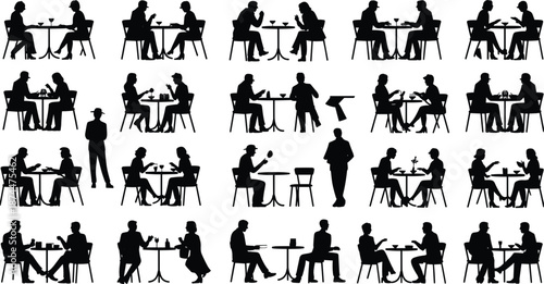 Silhouettes of people sitting at tables in cafes and restaurants chairs
