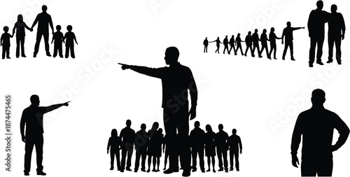 Silhouette figures representing leadership and teamwork showing direction and guidance for business concepts isolated on white