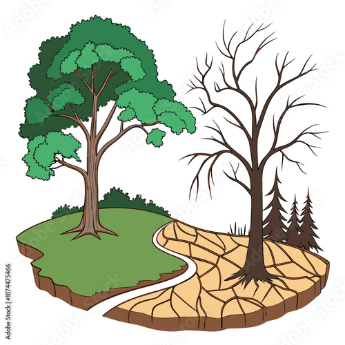 Healthy tree on lush ground with stream versus barren tree on dry cracked earth