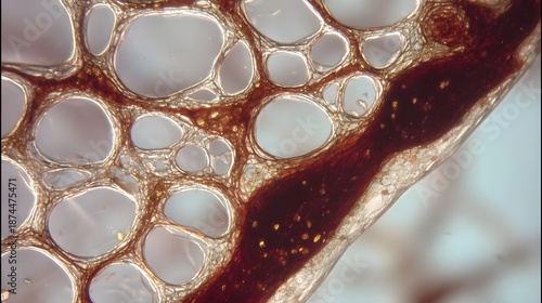 A close up microscopic view of organic tissue revealing intricate vascular structures and cellular patterns