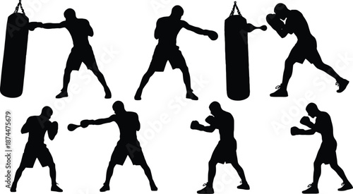 Collection of boxer silhouettes in various fighting stances and training poses representing combat sports and fitness isolated on white background