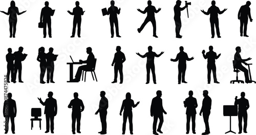 Collection of diverse business people silhouettes representing various actions and professions ideal for corporate presentations and website design elements