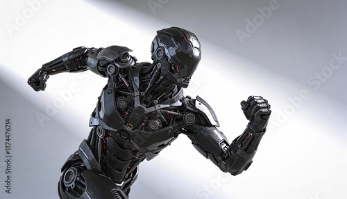 Dynamic 3D Render of Futuristic Black Robot Running Fast on White Background