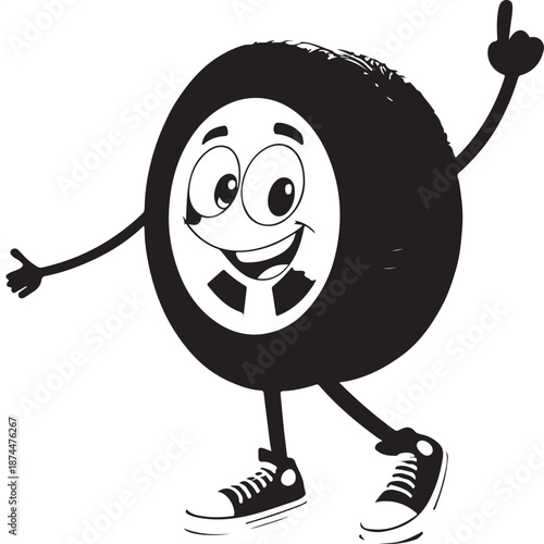 Friendly cartoon tire character with red sneakers giving thumbs up