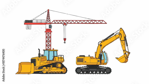 Illustration of heavy construction machinery including a bulldozer, excavator, and crane against a clean white background with industrial and technical themes.