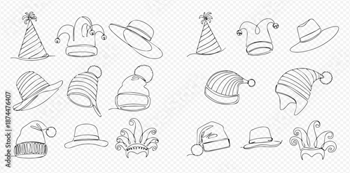 Continuous line drawing of various festive and casual hats including party hats, winter beanies, and fedoras on a transparent background.
